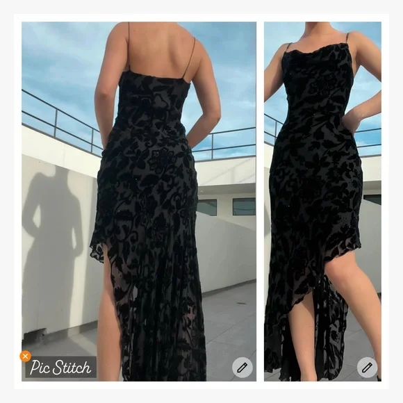 CACHE | dress with velvet accents asymmetrical Little Black Dress size 4 - Picture 9 of 9